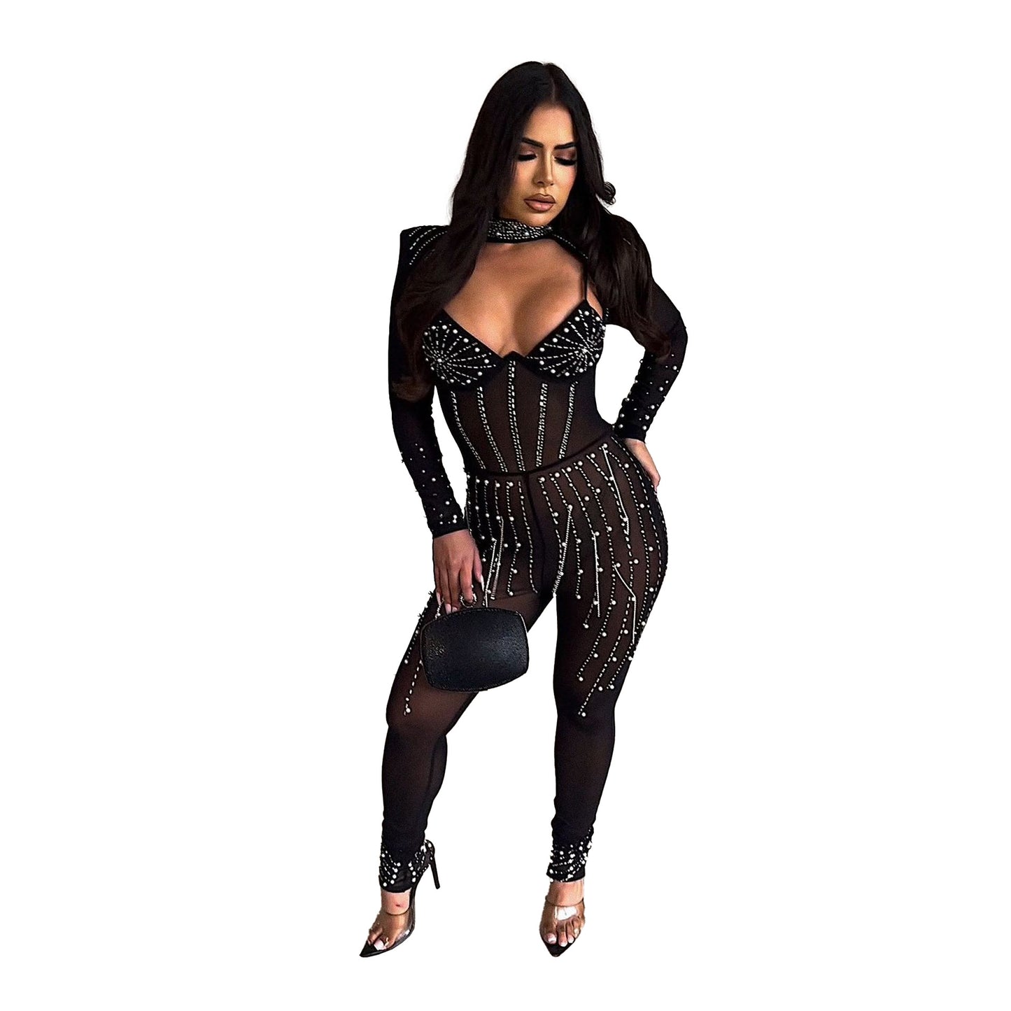 BamBam Sexy Beaded Pearl Strip Trendy Stretch Tight Fitting Jumpsuit - BamBam Clothing