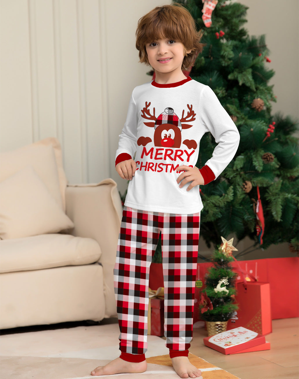 BamBam Deer Letter Printed Christmas Parent-Child Clothes Plaid Long Sleeve Home Clothes Two-Piece Pajamas Set - BamBam
