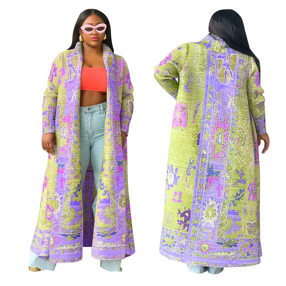 BamBam Pleated Printed Plus Size Windbreaker Long Coat For Women - BamBam