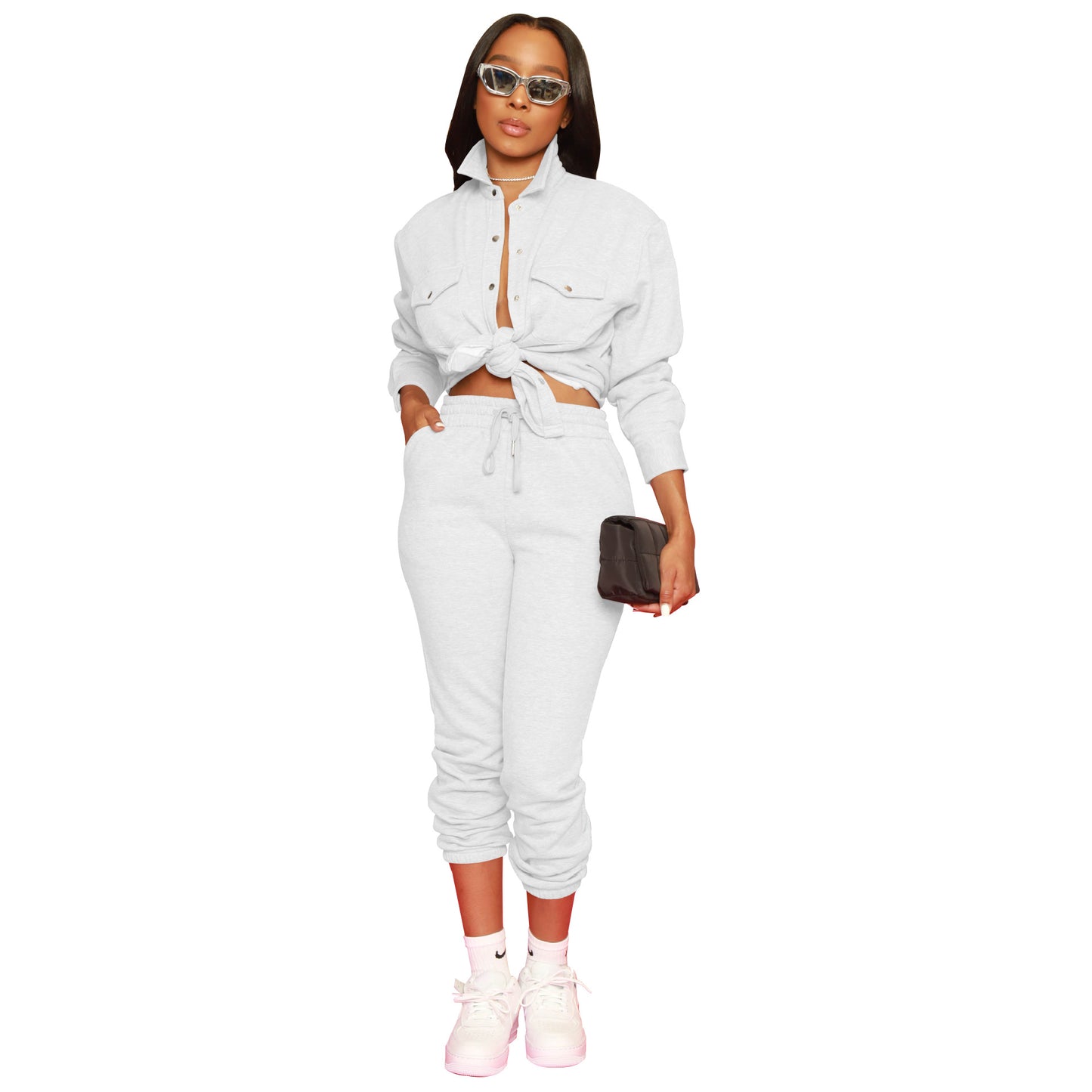 BamBam Women Autumn and Winter Solid Stretch Button-Down Shirt and Pants Two-piece Set - BamBam