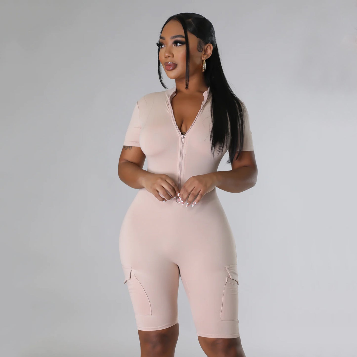 BamBam Summer Women's Sexy Tight Fitting Short Sleeve Solid Color Jumpsuit - BamBam