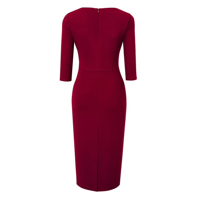 BamBam Career Ladies Square Neck 3/4 Sleeve Patchwork Ruched Tight Fitting Midi Dress - BamBam