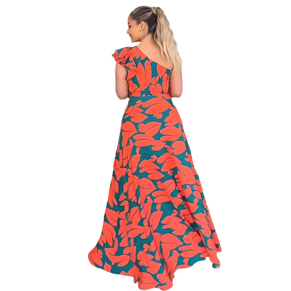 BamBam Spring Summer One Shoulder Low Back Chic Printed High Waist Long Dress - BamBam