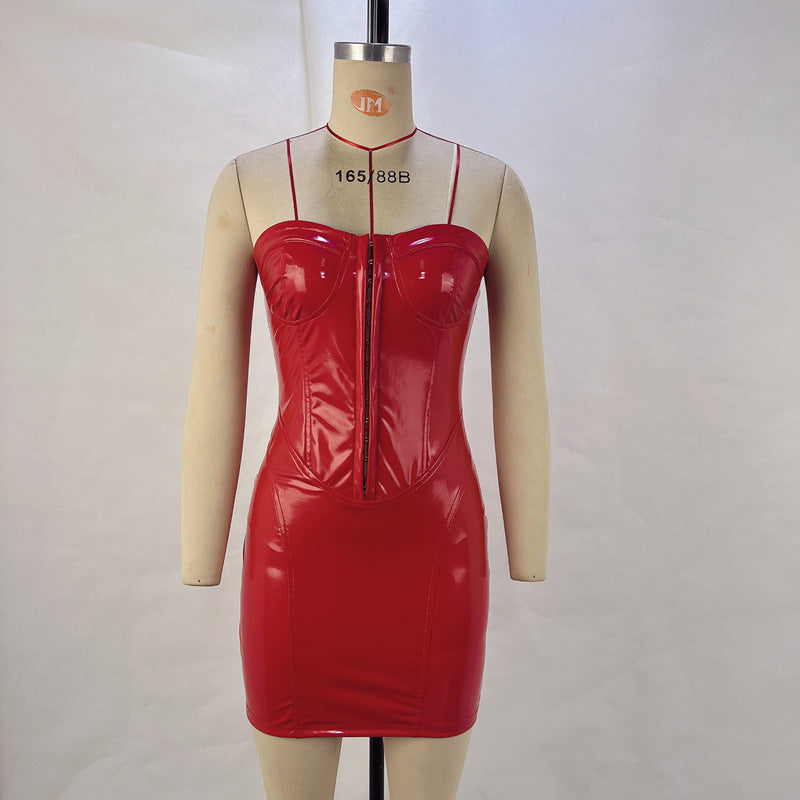 BamBam Autumn Sexy Low Back Slim Waist Cocktail Fancy Ladies Leather Strapless Bodycon Dress - BamBam Clothing