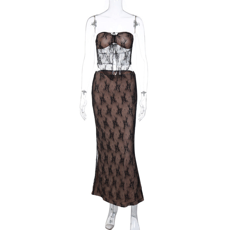 BamBam Women sexy lace Patchwork Top and Skirt two-piece set - BamBam