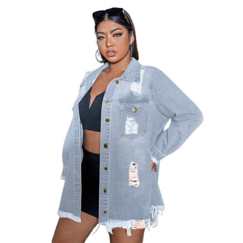 BamBam Women Tassel Ripped Long Sleeve Denim Jacket - BamBam