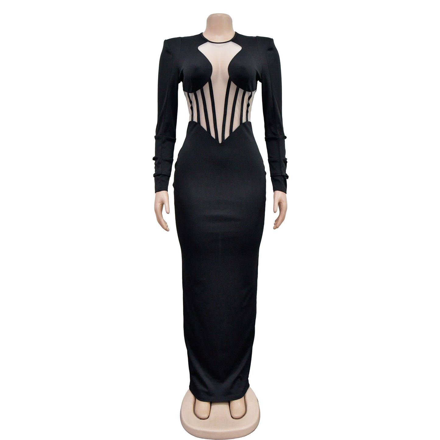 BamBam Fashionable Women's Solid Color See-Through Mesh Long Sleeve Maxi Dress - BamBam Clothing