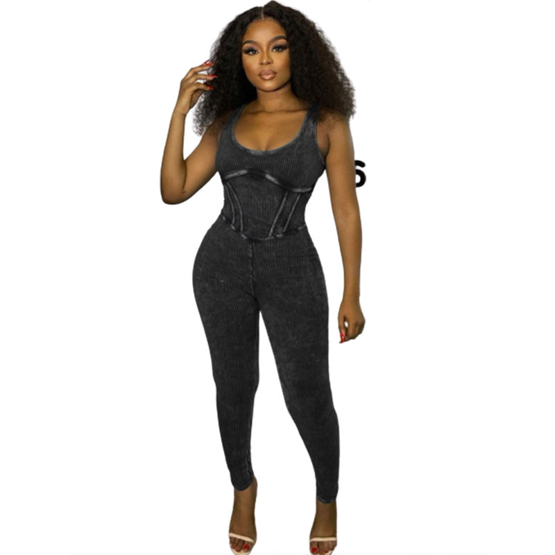 BamBam Women's Summer High Waist Tight Fitting Ribbed Sleeveless Casual Sports Jumpsuit - BamBam Clothing