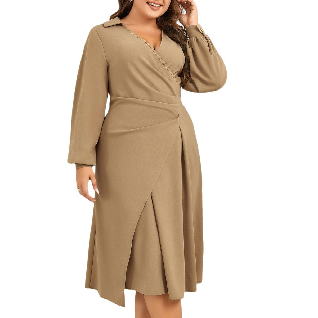 BamBam Plus Size Spring And Autumn Slim Fit V-Neck Solid Color Chic Irregular Dress - BamBam