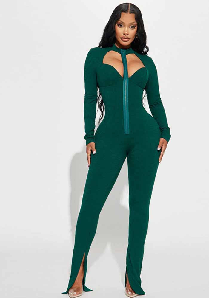 Autumn Slim Zipper Ribbed Long Sleeve Jumpsuit