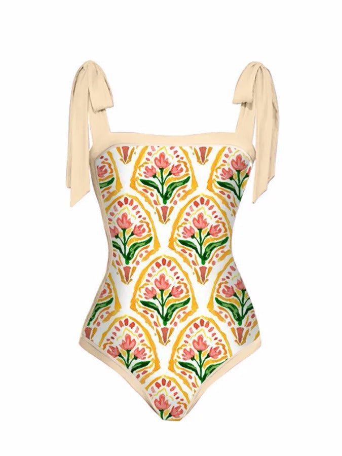BamBam Printed One-Piece Swimsuit Sunscreen Cover Up Skirt Two Piece Set - BamBam