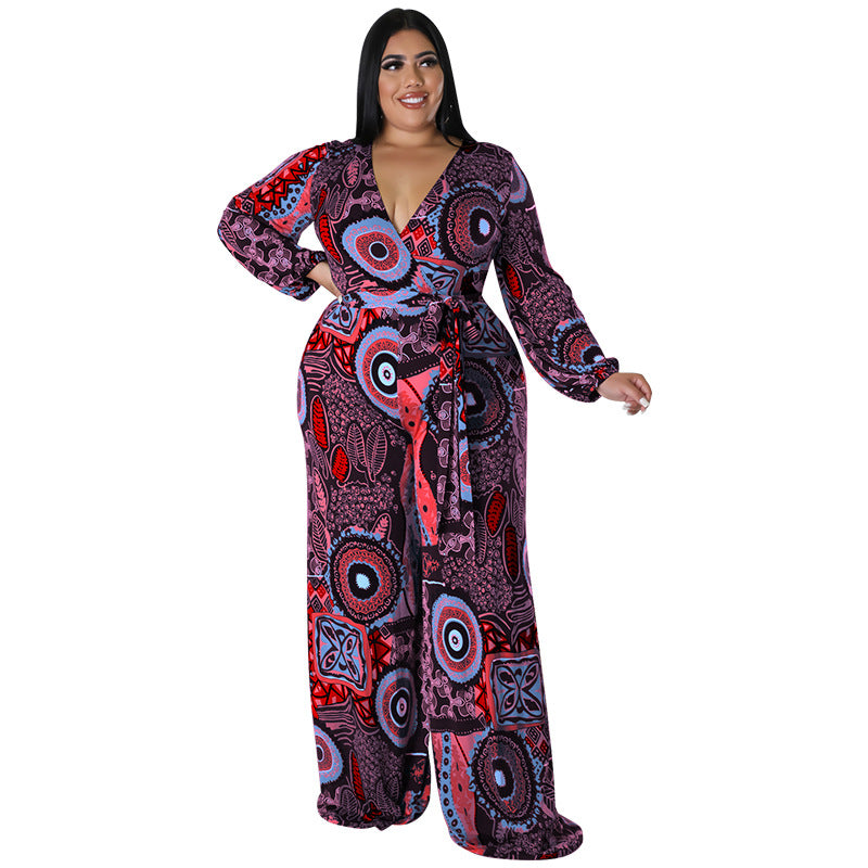 BamBam Plus Size Women Fall Print Long Sleeve Jumpsuit - BamBam Clothing