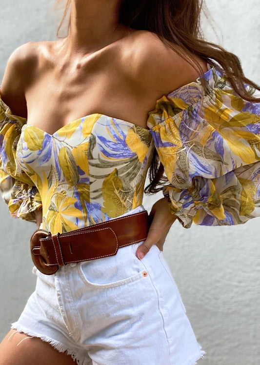 Autumn Print Holiday Puff Sleeve Sweetheart Crop Top