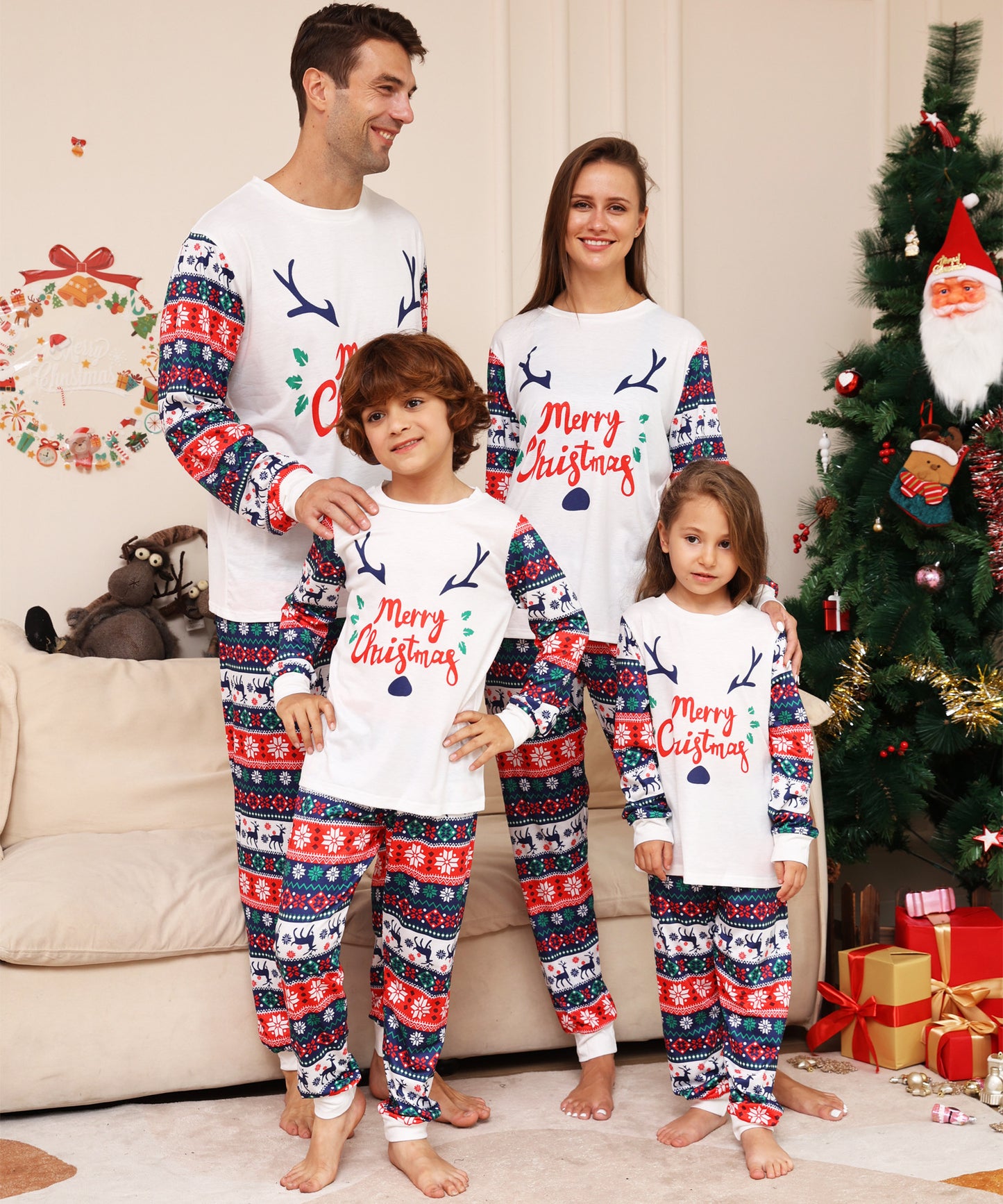 BamBam Christmas Family Wear Snowman Flower Fawn Letter Printed Home Clothes Pajama Two-piece Set - BamBam