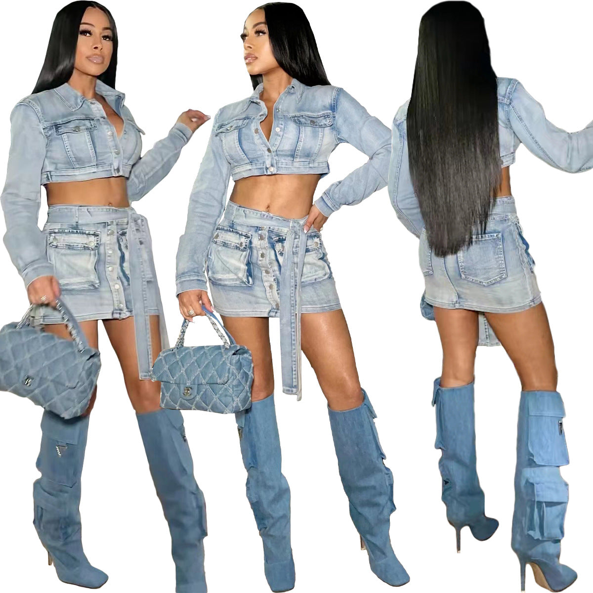 BamBam Fashion Washed Denim Belt Pocket Two Piece Skirt Suit - BamBam