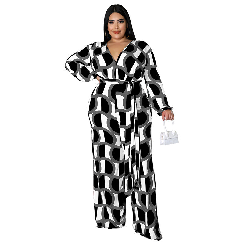 BamBam New Fashion Plus Size Women'S Fall Long Sleeve Print Casual Wide Leg Jumpsuit - BamBam Clothing