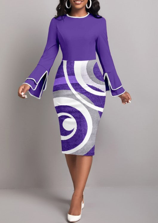 BamBam Women Long Sleeve Printed Patchwork Round Neck Elegant Bodycon Dress - BamBam