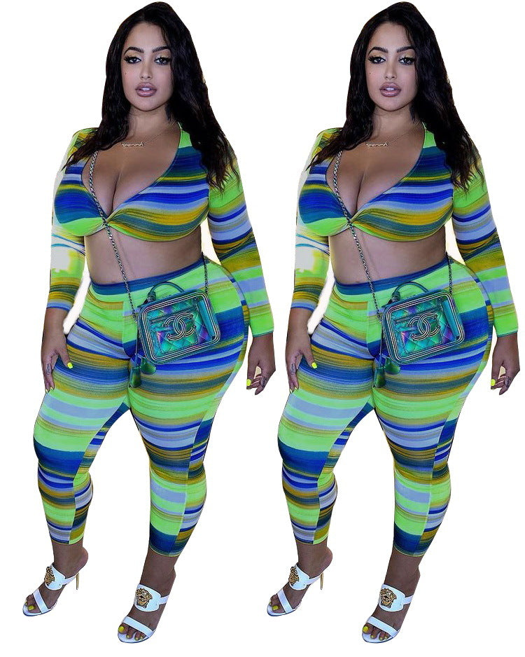 BamBam Plus Size Women Sexy Printed Striped Long Sleeve Top and Pants Two-piece Set - BamBam