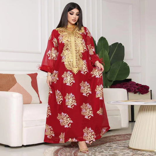 Muslim Summer Dubai Embroidered Fur Trim Gold Lace Dress Long Dress