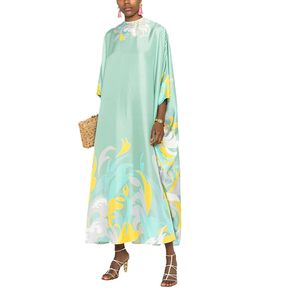 BamBam Plus Size Women's Print Robe Summer Round Neck Loose Dress - BamBam