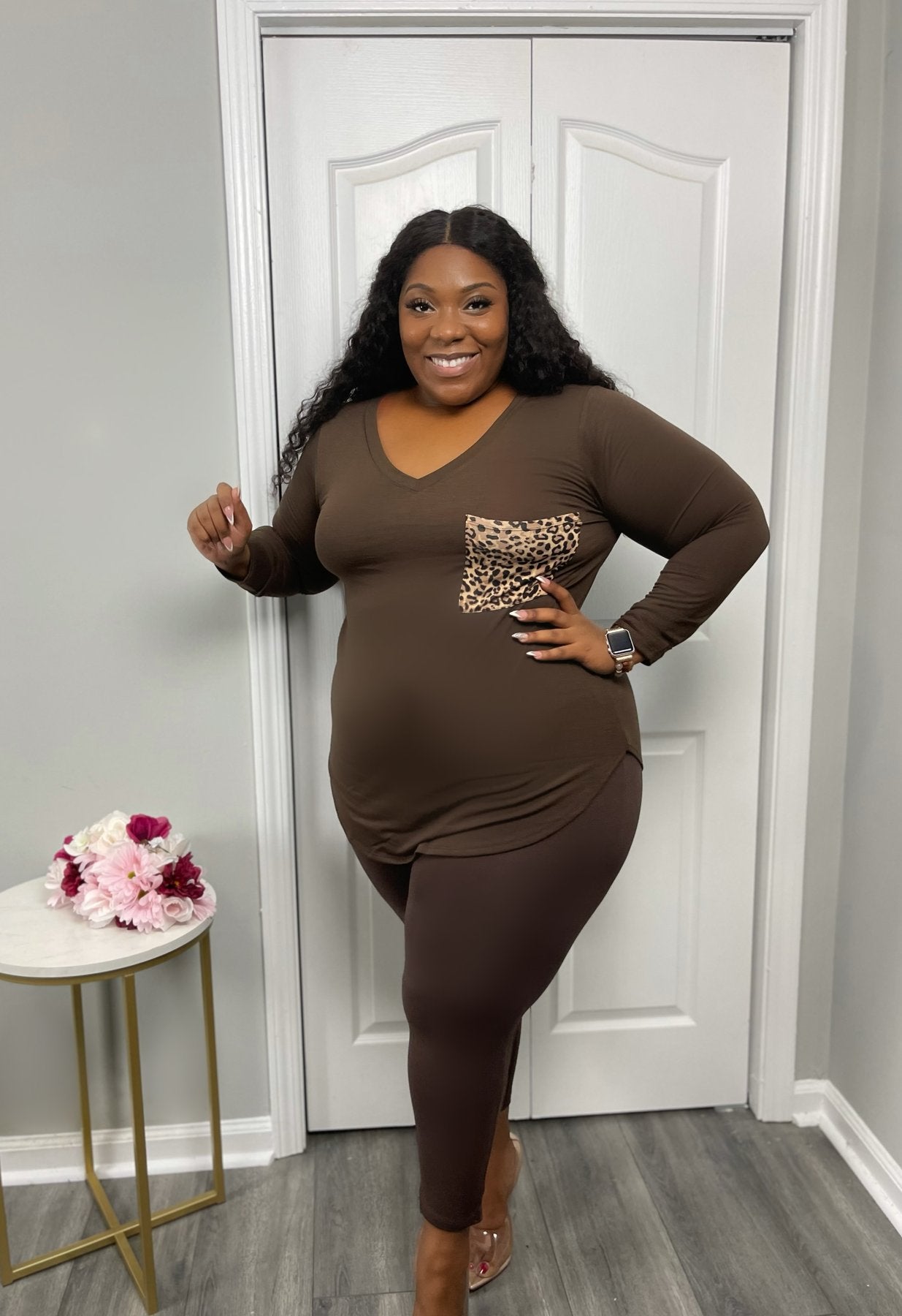 BamBam Plus Size Women Casual Leopard Print Pocket Top and Pant Two-piece Set - BamBam