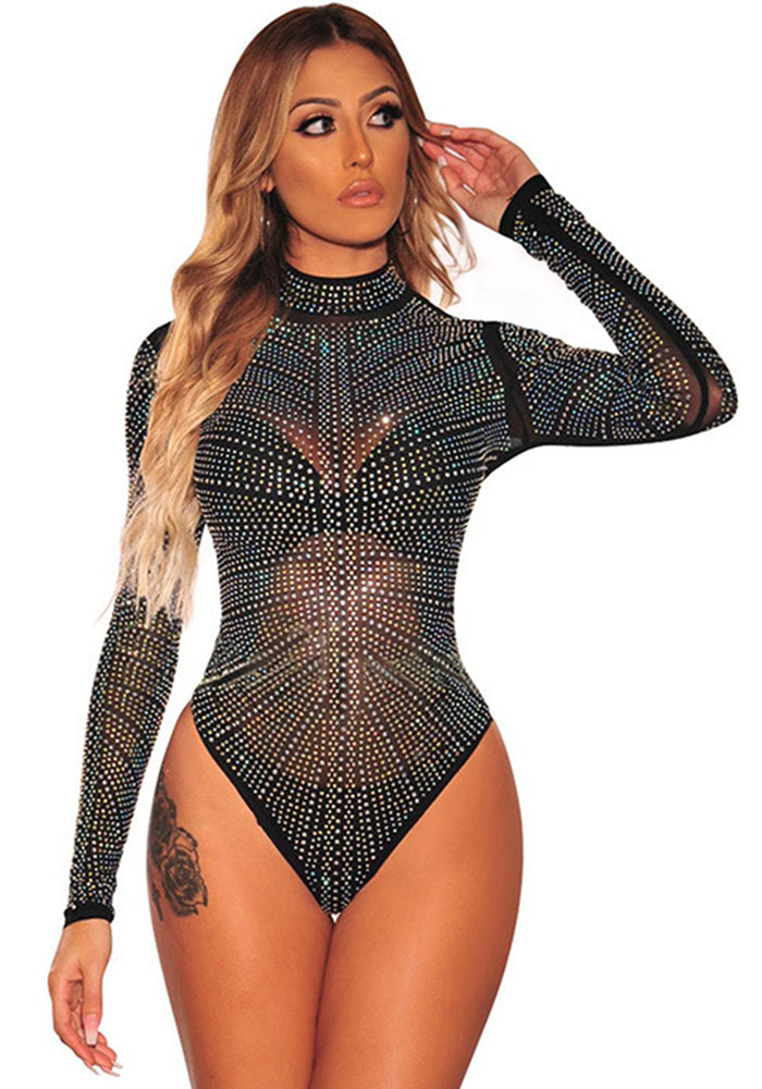 Rhinestone Beaded Long Sleeve Black Women's Bodysuit