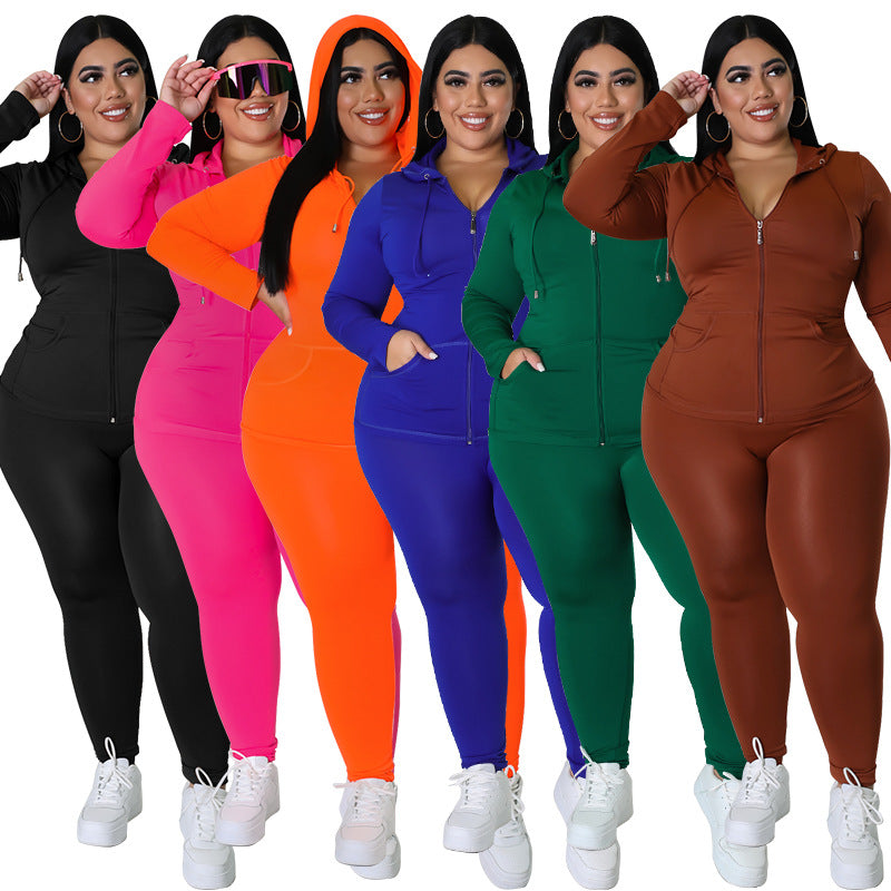 Plus Size Women's Solid Fall Hood Long Sleeve Pants Fashion Casual Set