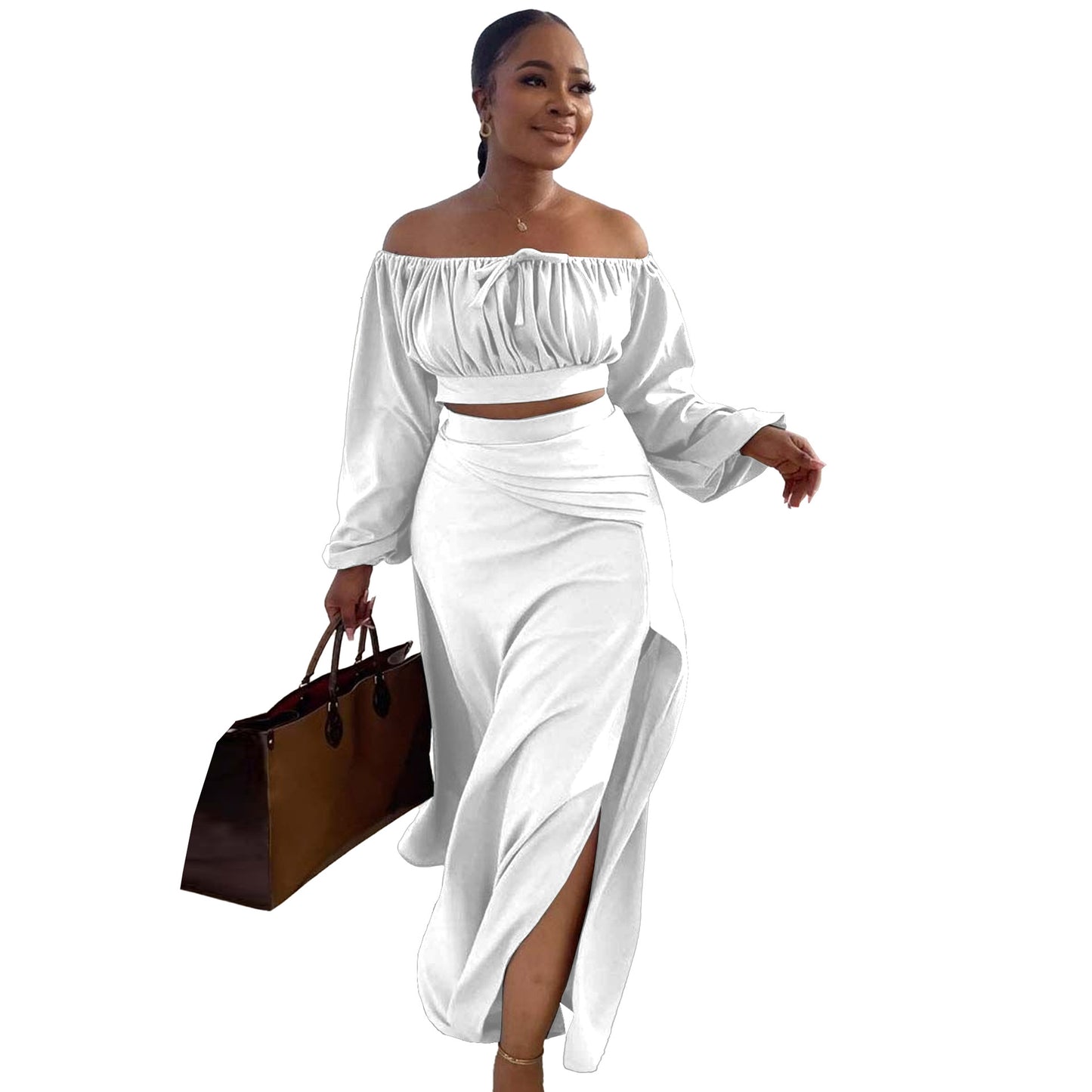 BamBam Plus Size Women Sexy Off Shoulder Balloon Sleeve Top and Skirt Two-Piece Set - BamBam