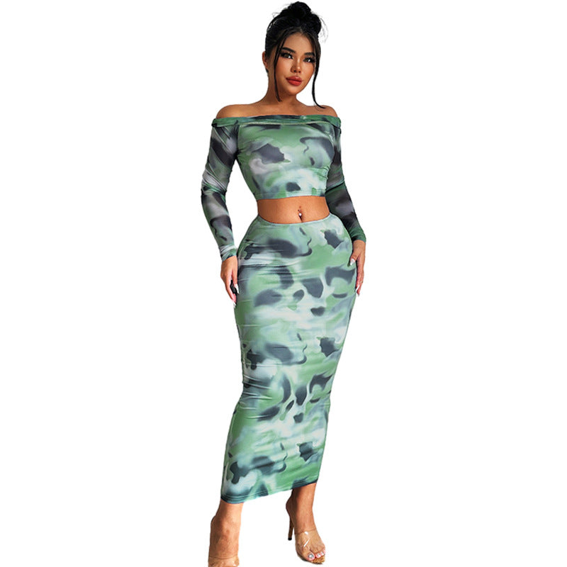 BamBam Summer women's fashion long-sleeved off shoulder T-shirt slim fit bodycon skirt suit female - BamBam