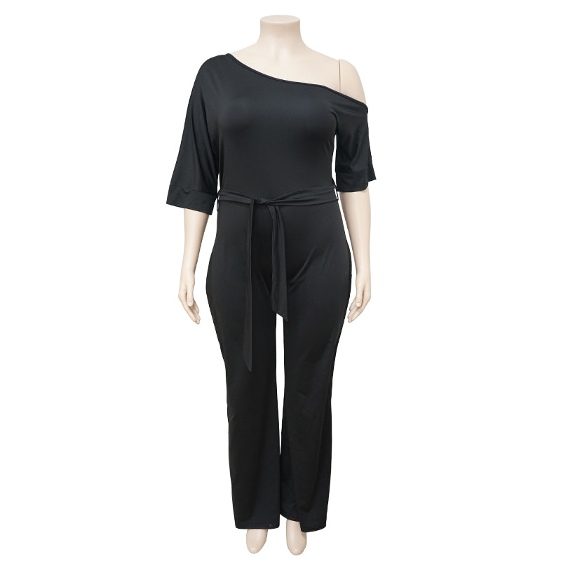 BamBam Plus Size Solid Plain Slash Shoulder Formal Jumpsuit - BamBam Clothing