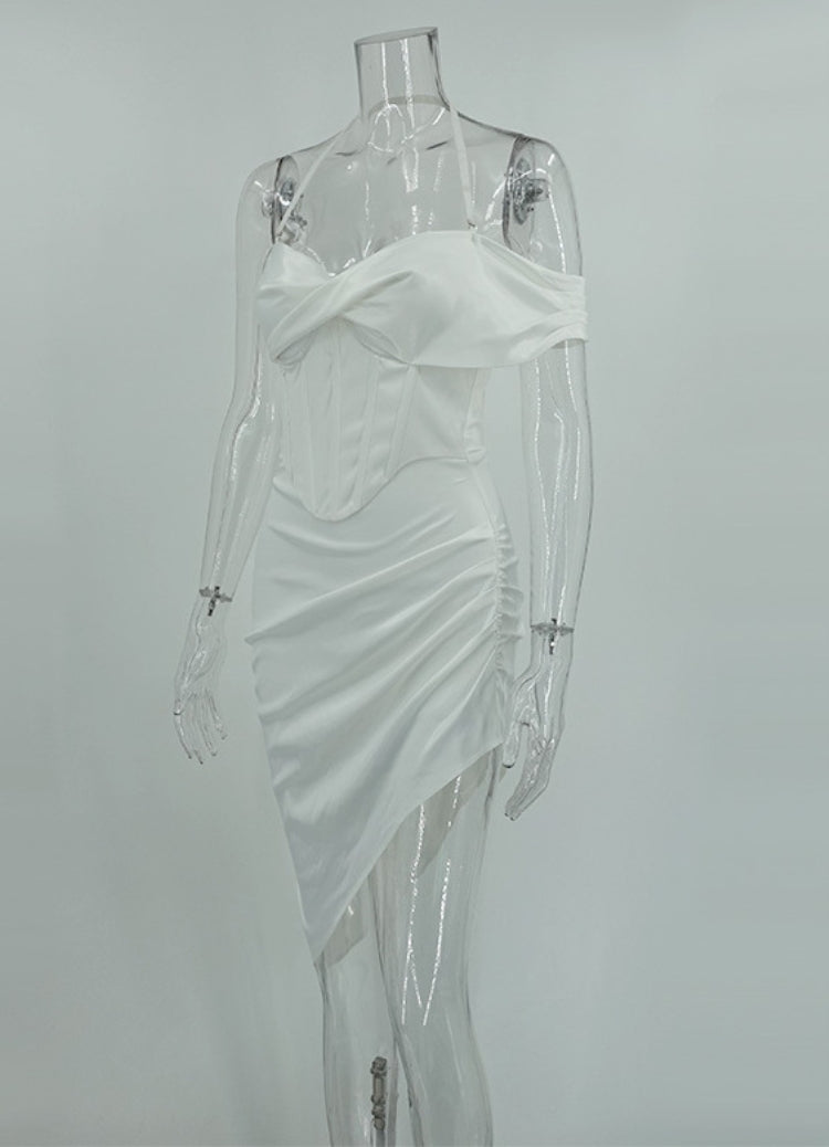 BamBam Women Summer White Modest Halter Short Sleeves Solid Satin Pleated Asymmetrical Evening Dress - BamBam Clothing