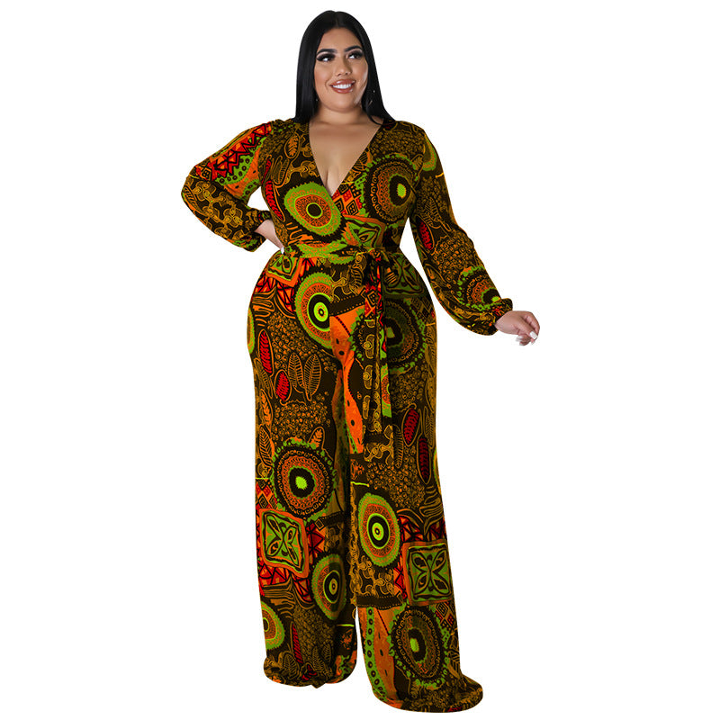 BamBam Plus Size Women Fall Print Long Sleeve Jumpsuit - BamBam Clothing