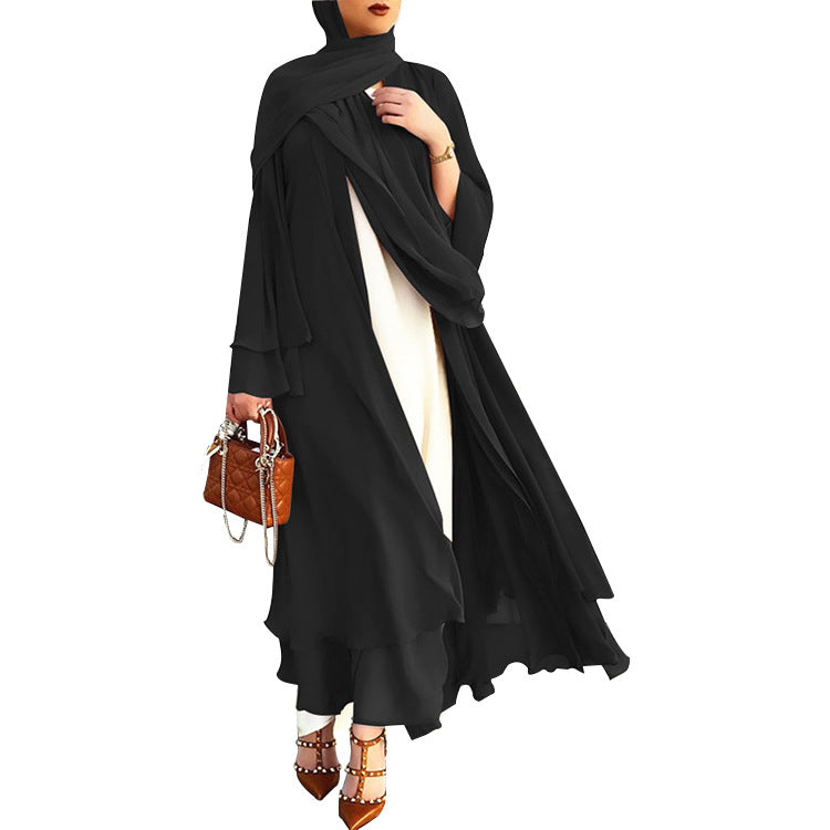 BamBam Muslim Solid Color Cardigan Feminine Flowing Chiffon Plus Size Women's Dress - BamBam