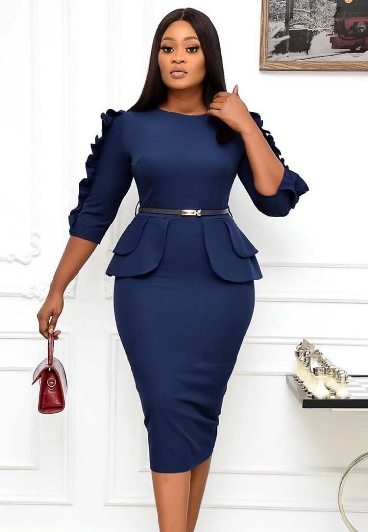 Spring African Blue Round Neck Three Quarter Sleeve Ruffles With Belt Office Dress