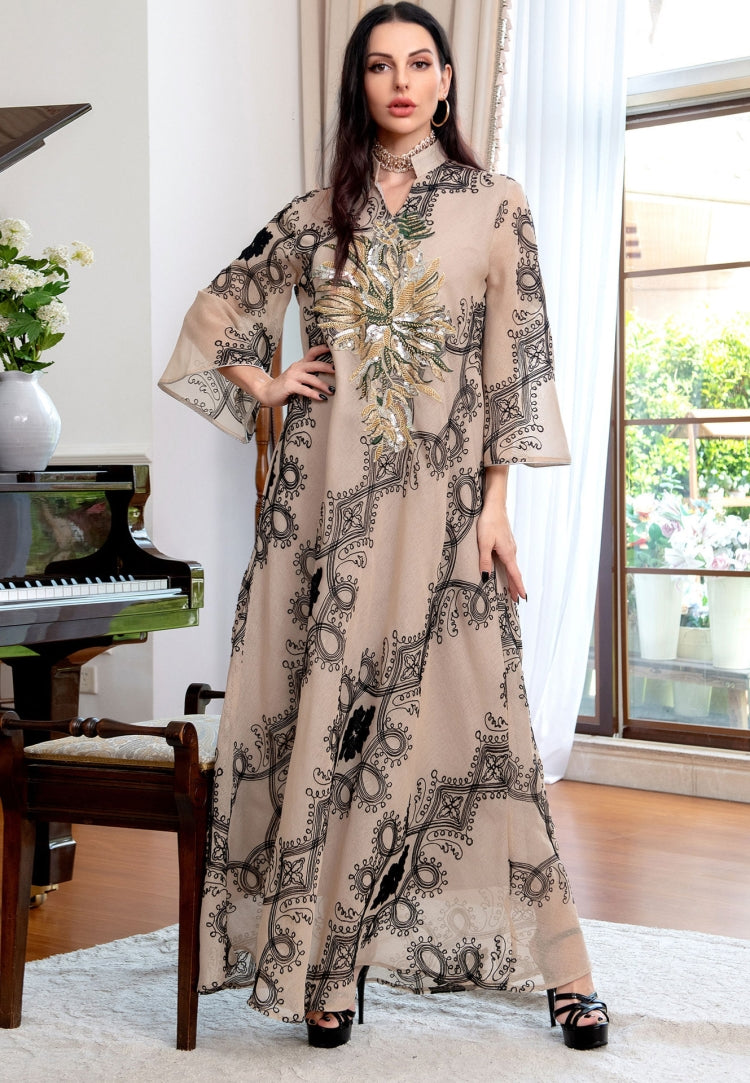 BamBam Women Spring Printed Embroidery Islamic Clothing Kaftan Abaya Muslim Dress - BamBam