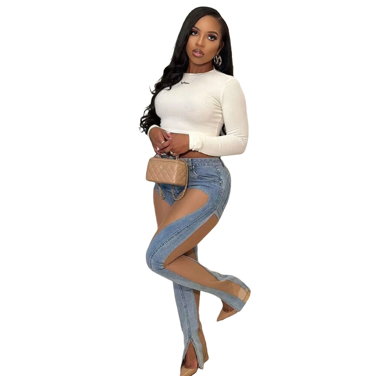 BamBam See-Through Mesh Patchwork Slit Stretch Fit Butt Lift Denim Pants - BamBam