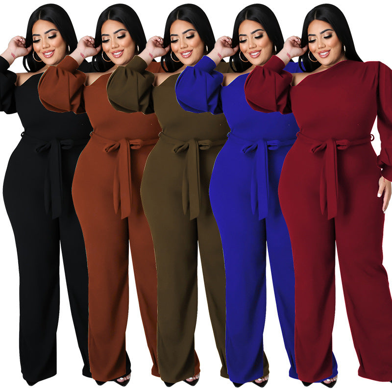 Plus Size Women Solid Balloon Sleeve Slash Shoulder Belted Jumpsuit