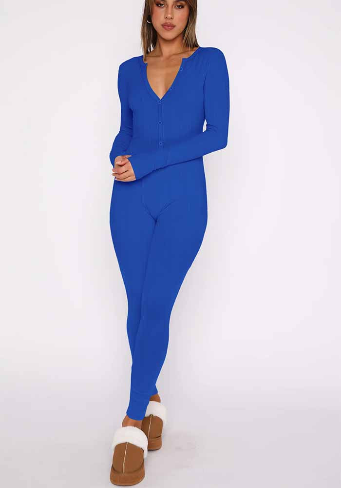 Women Fall Buttoned Half Open Collar knitting Ribbed Long Sleeve Jumpsuit