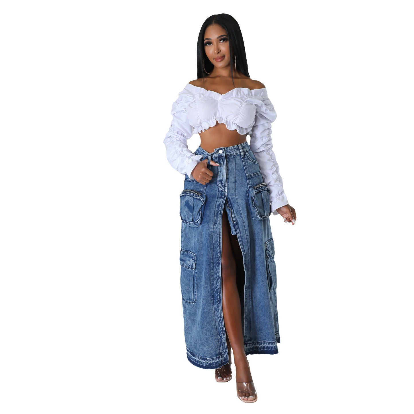 BamBam Women High Waist Slit Cargo Denim Skirt - BamBam