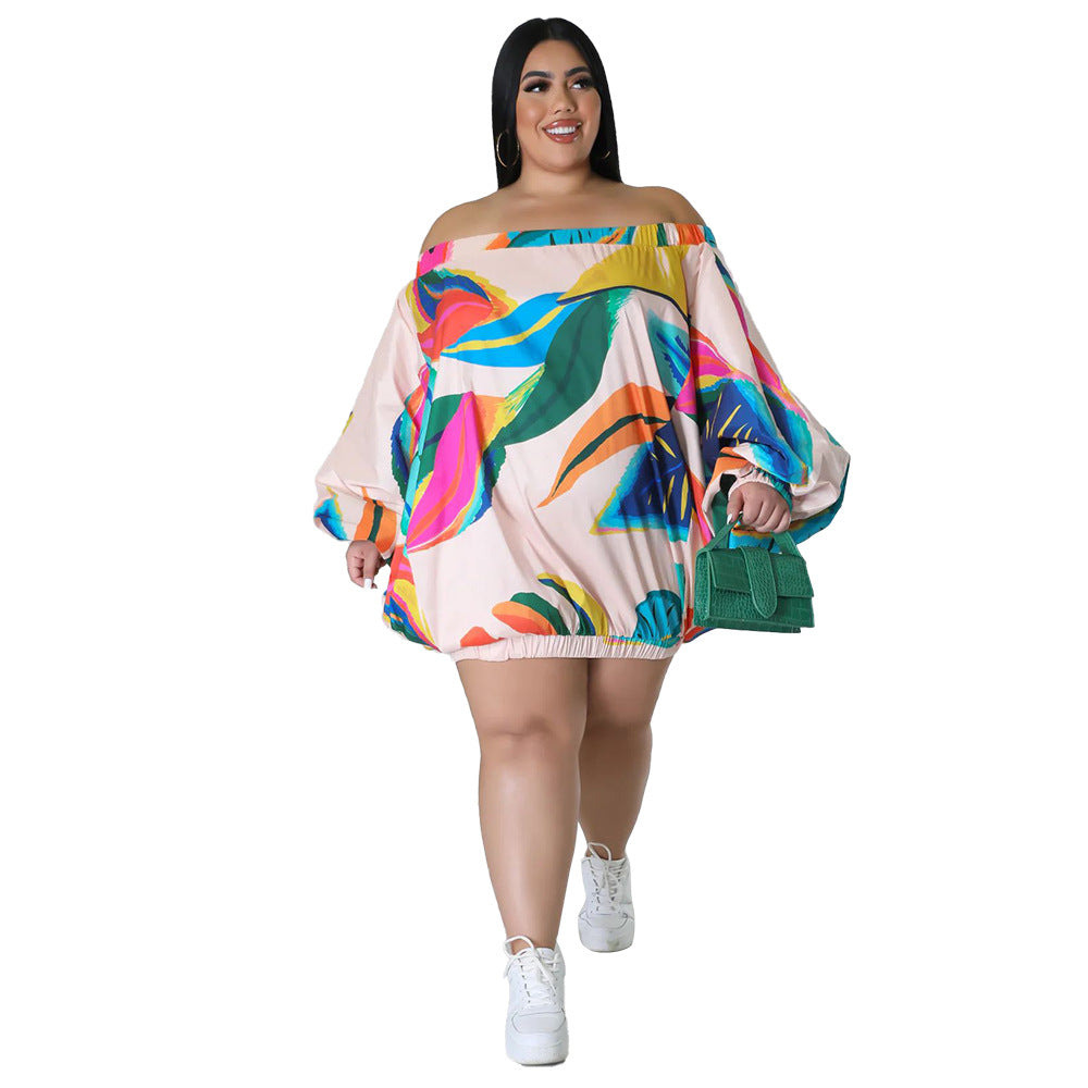 BamBam Plus Size Women's Loose Puff Sleeve Off Shoulder Printed Dress - BamBam