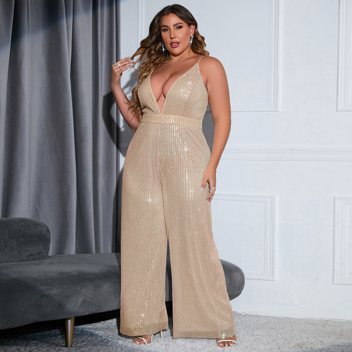 BamBam Plus Size Women's Sleeveless Low Back Solid Sequin Slim Fit Fashion Suspender Jumpsuit - BamBam Clothing