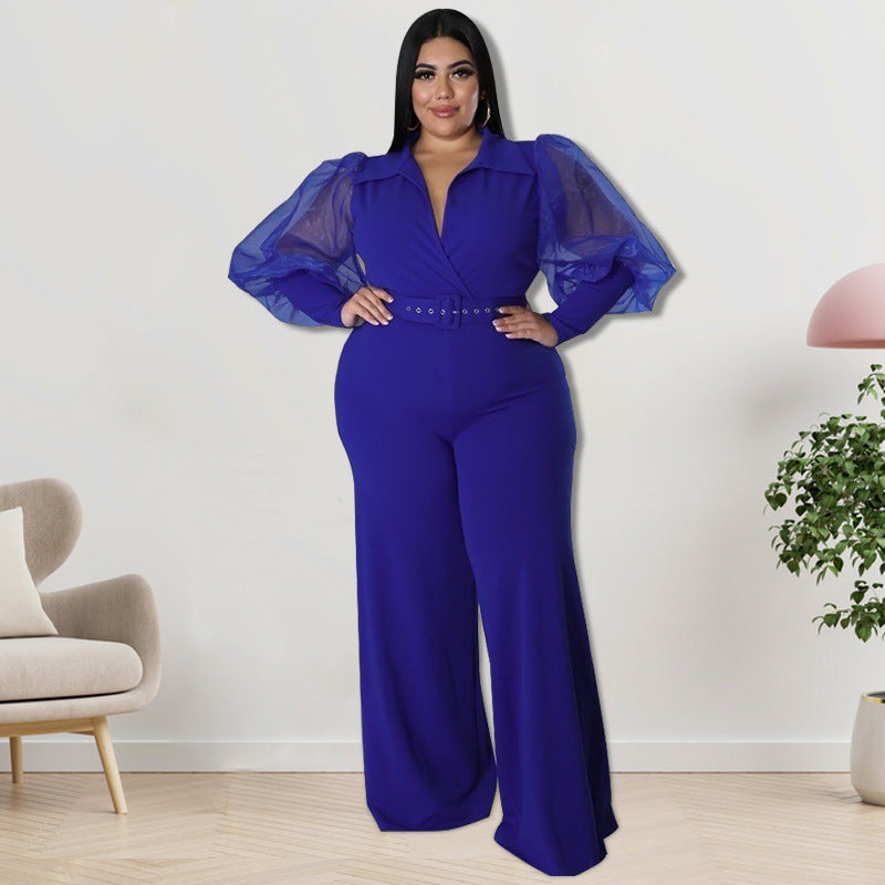 BamBam Plus Size Women Lapel Mesh Long Sleeve Jumpsuit with Belt - BamBam Clothing