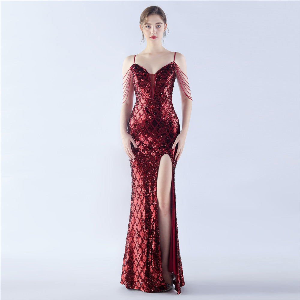 BamBam Women Herringbone Lace-Up Symphony Beaded Evening Dress - BamBam Clothing