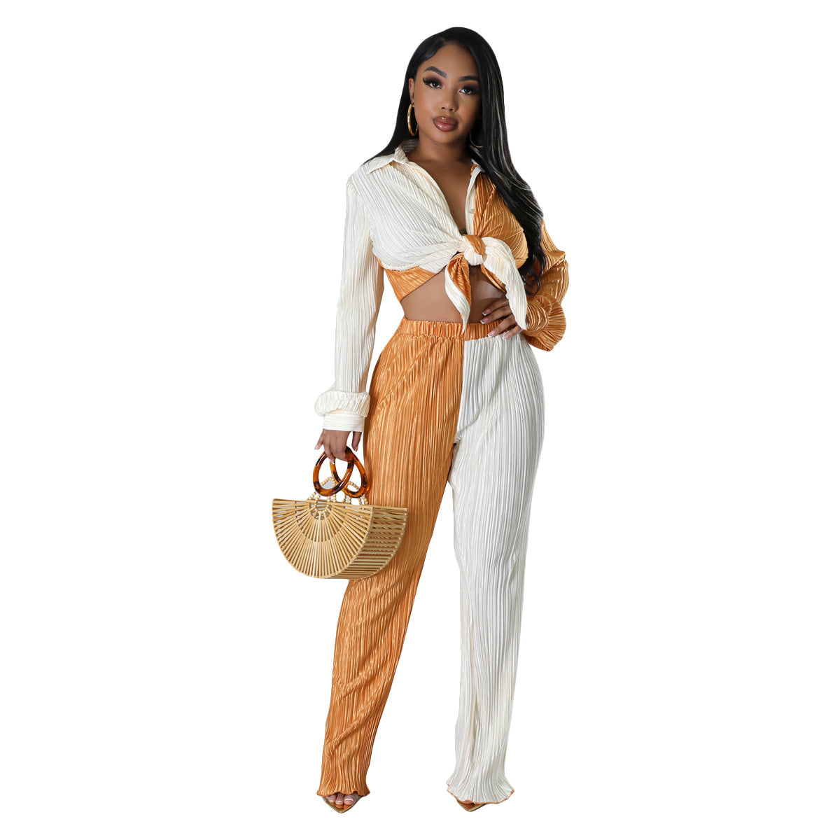 BamBam Women Fall Colorblock Loose Shirt and Pants Casual Two-piece Set - BamBam