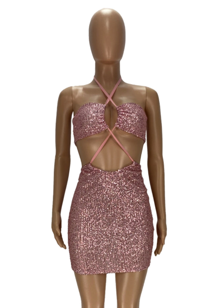 BamBam Summer Sexy Pink Sequins Backless Halter Sleeveless Midi Dress - BamBam Clothing