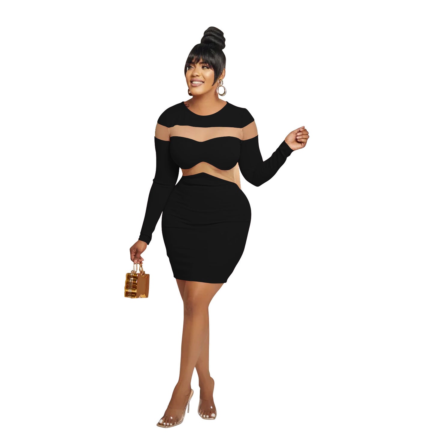 BamBam Fashion Women's Solid Color Long Sleeve Round Neck Cocktail Fancy Ladies Mesh Patchwork Bodycon Dress - BamBam Clothing