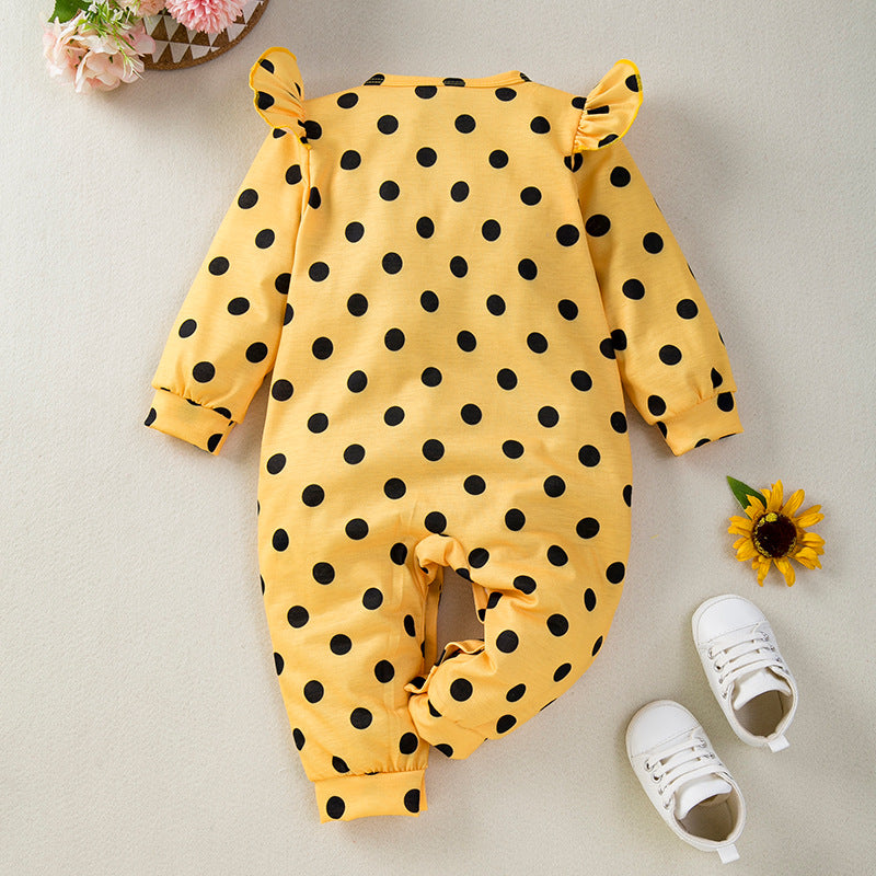 BamBam Baby Girl Printed Polka Dot Sunflower Long Sleeve Romper - BamBam