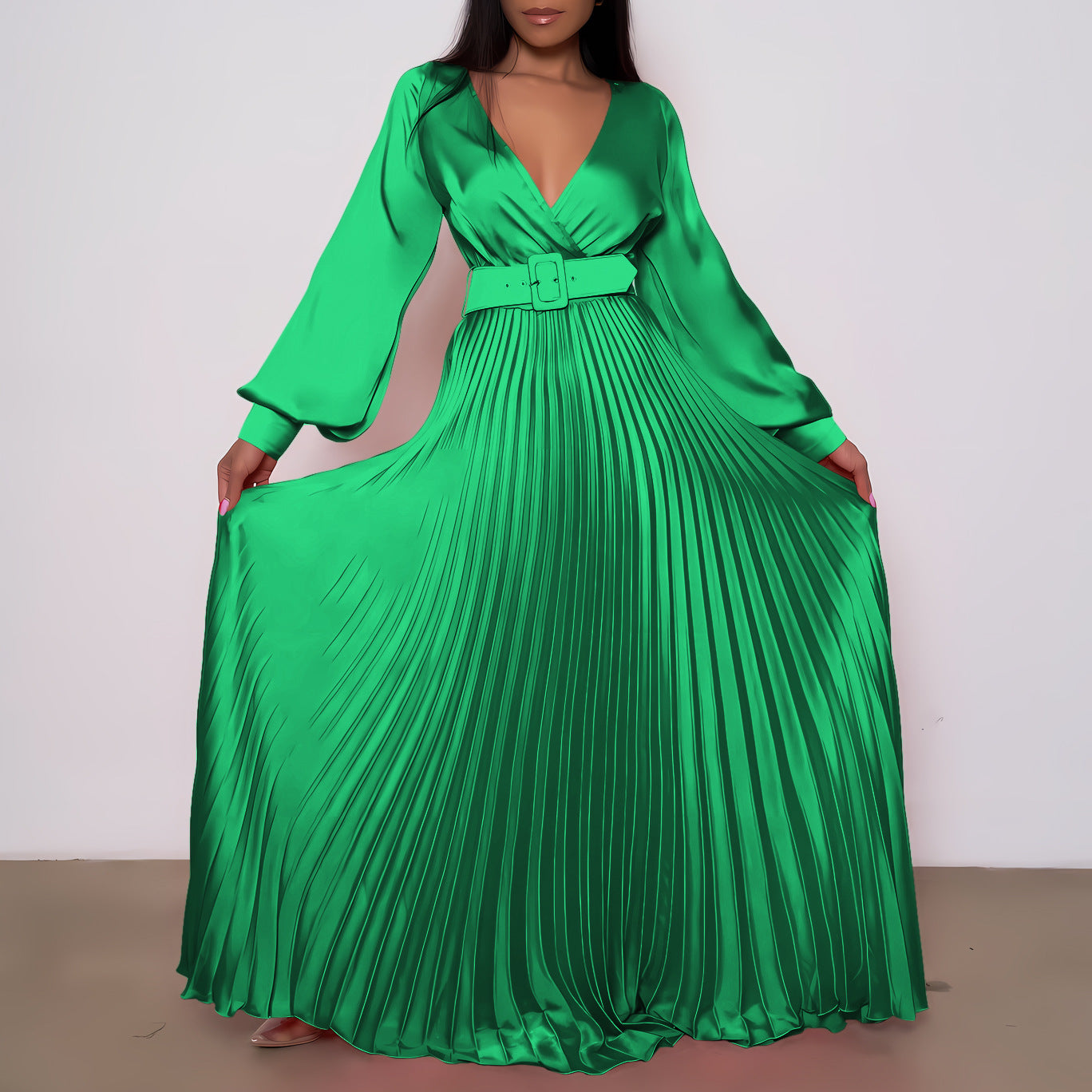 BamBam Women V Neck Long Sleeve High Waist Pleated Maxi Dress - BamBam