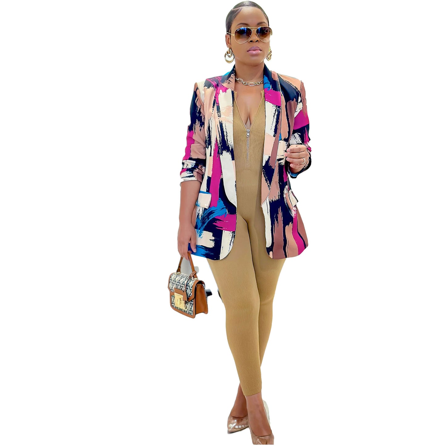 BamBam Women's Print Turndown Collar V-Neck Long-Sleeved Blazer - BamBam Clothing