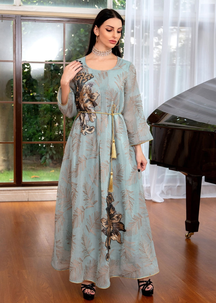 BamBam Spring Sequins Embroidered Blue Long Sleeve Maxi Dress Middle East Dubai Muslim Dresses - BamBam